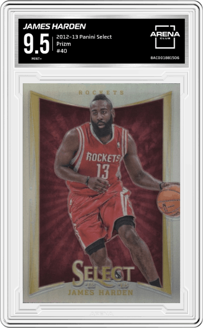 James Harden from the 2012-13 Panini Select set featuring a Prizm parallel graded by Arena Club and given an overall grade of 9.5.