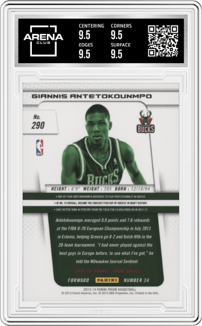 Giannis Antetokounmpo from the 2013-14 Panini Prizm set graded by Arena Club and given an overall grade of 9.5.