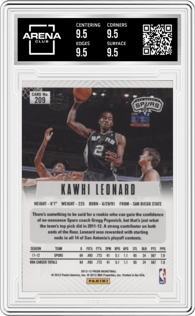 Kawhi Leonard from the 2012-13 Panini Prizm set graded by Arena Club and given an overall grade of 9.5.