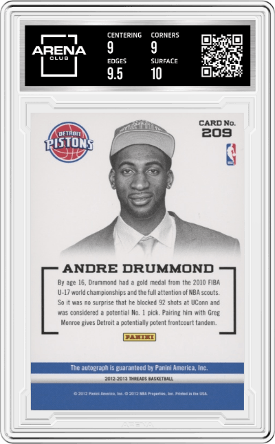 Andre Drummond from the 2012-13 Panini Threads Basketball set graded by Arena Club and given an overall grade of 9.5.