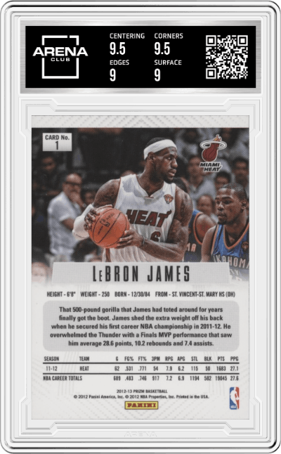 LeBron James from the 2012-13 Panini Prizm set graded by Arena Club and given an overall grade of 9.5.