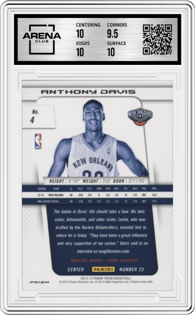 Anthony Davis from the 2013-14 Panini Prizm set featuring a Green Prizm parallel graded by Arena Club and given an overall grade of 10.