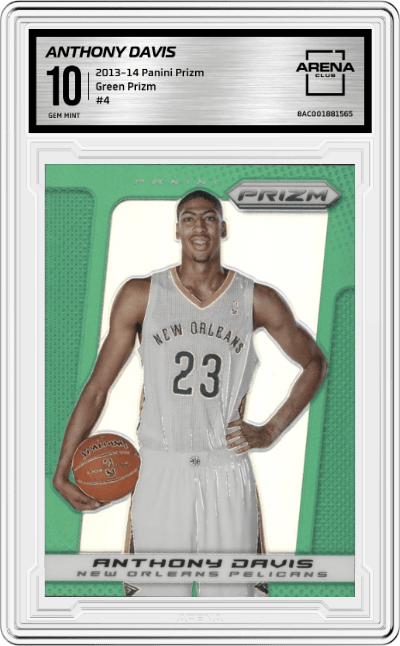 Anthony Davis from the 2013-14 Panini Prizm set featuring a Green Prizm parallel graded by Arena Club and given an overall grade of 10.