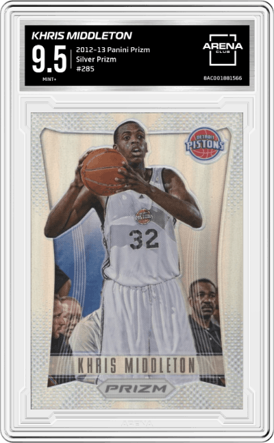 Khris Middleton from the 2012-13 Panini Prizm set featuring a Silver Prizm parallel graded by Arena Club and given an overall grade of 9.5.