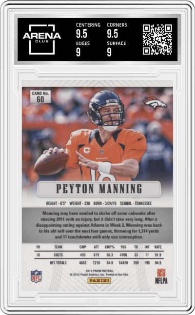 Peyton Manning from the 2012 Panini Prizm set graded by Arena Club and given an overall grade of 9.5.