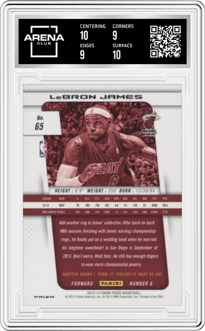 LeBron James from the 2013-14 Panini Prizm set featuring a Red/White/Blue Mosaic Prizm parallel graded by Arena Club and given an overall grade of 9.5.