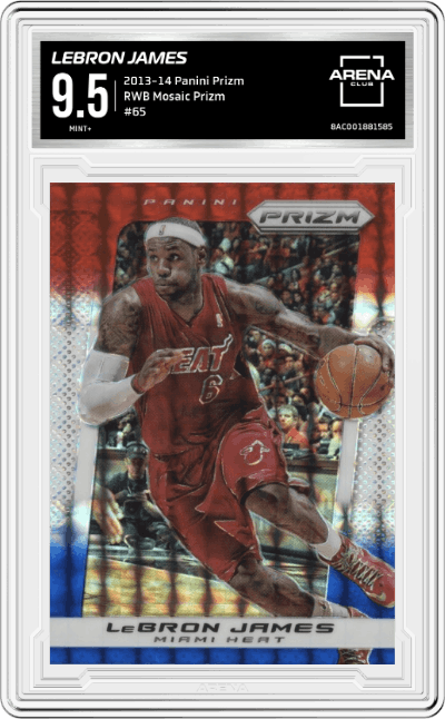 LeBron James from the 2013-14 Panini Prizm set featuring a Red/White/Blue Mosaic Prizm parallel graded by Arena Club and given an overall grade of 9.5.