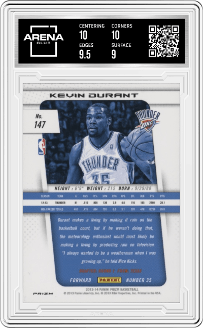 Kevin Durant from the 2013-14 Panini Prizm set featuring a Green Prizm parallel graded by Arena Club and given an overall grade of 9.5.