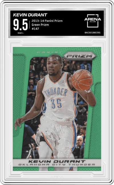 Kevin Durant from the 2013-14 Panini Prizm set featuring a Green Prizm parallel graded by Arena Club and given an overall grade of 9.5.