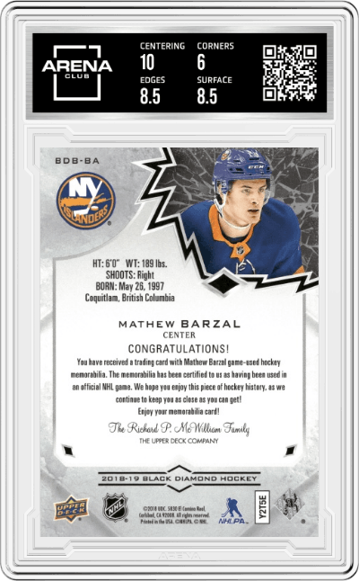 Mathew Barzal from the 2018-19 Upper Deck Black Diamond set graded by Arena Club and given an overall grade of 6.5.