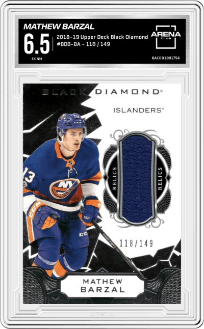Mathew Barzal from the 2018-19 Upper Deck Black Diamond set graded by Arena Club and given an overall grade of 6.5.