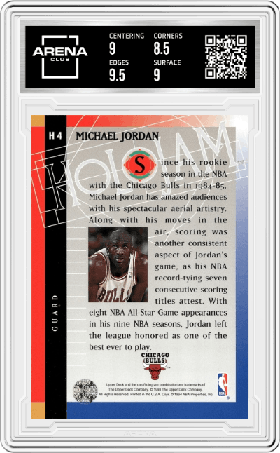 Michael Jordan from the 1993-94 Upper Deck Holojam set featuring a Variation parallel graded by Arena Club and given an overall grade of 9.