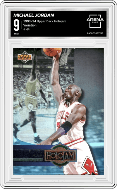 Michael Jordan from the 1993-94 Upper Deck Holojam set featuring a Variation parallel graded by Arena Club and given an overall grade of 9.