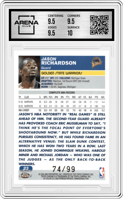 Jason Richardson from the 2003-04 Topps Chrome set featuring a Gold Refractor parallel graded by Arena Club and given an overall grade of 10.
