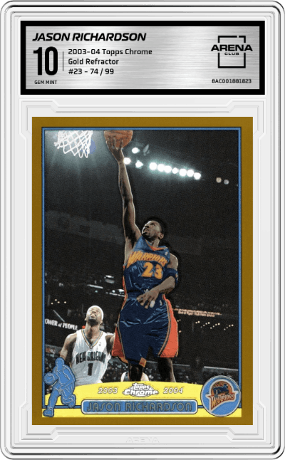Jason Richardson from the 2003-04 Topps Chrome set featuring a Gold Refractor parallel graded by Arena Club and given an overall grade of 10.