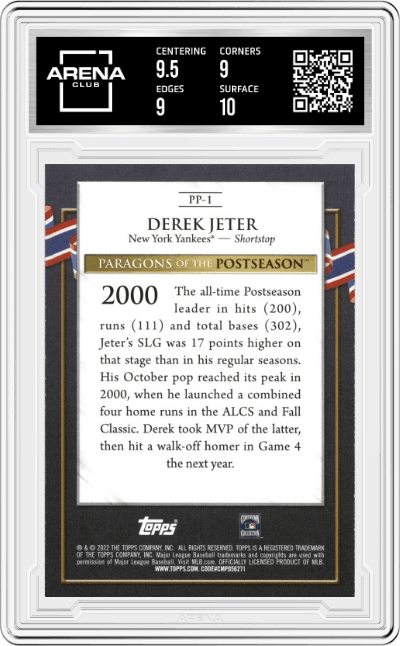 Derek Jeter from the 2022 Topps Update  set graded by Arena Club and given an overall grade of 9.5.