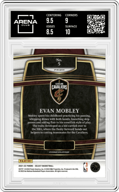 Evan Mobley from the 2021-22 Panini Select set featuring a Green/White/Purple  Prizm parallel graded by Arena Club and given an overall grade of 9.