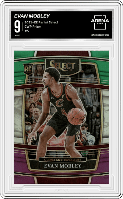 Evan Mobley from the 2021-22 Panini Select set featuring a Green/White/Purple  Prizm parallel graded by Arena Club and given an overall grade of 9.