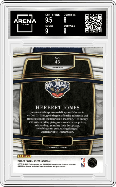 Herbert Jones from the 2021-22 Panini Select set featuring a Silver Prizm parallel graded by Arena Club and given an overall grade of 8.5.