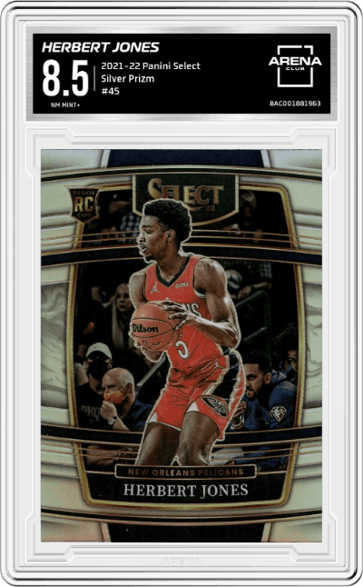 Herbert Jones from the 2021-22 Panini Select set featuring a Silver Prizm parallel graded by Arena Club and given an overall grade of 8.5.