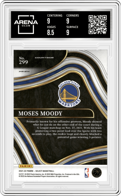 Moses Moody from the 2021-22 Panini Select set featuring a Orange Flash Prizm parallel graded by Arena Club and given an overall grade of 9.