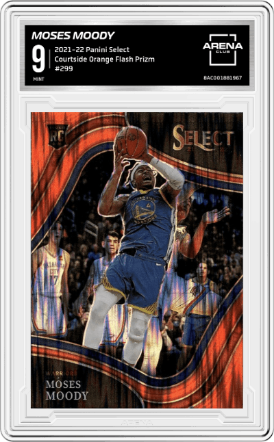 Moses Moody from the 2021-22 Panini Select set featuring a Orange Flash Prizm parallel graded by Arena Club and given an overall grade of 9.