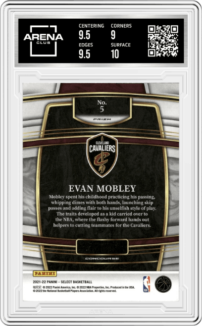 Evan Mobley from the 2021-22 Panini Select set featuring a Blue Prizm parallel graded by Arena Club and given an overall grade of 9.5.