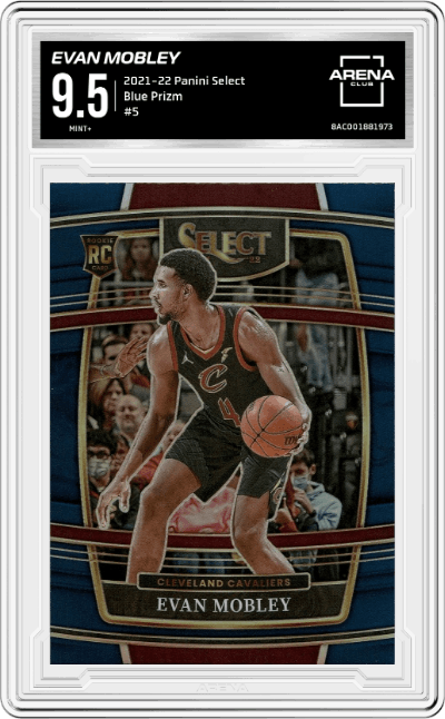 Evan Mobley from the 2021-22 Panini Select set featuring a Blue Prizm parallel graded by Arena Club and given an overall grade of 9.5.