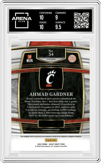Ahmad Gardner from the 2022 Panini Select Draft Picks set featuring a Red Lazer Prizm parallel graded by Arena Club and given an overall grade of 9.5.