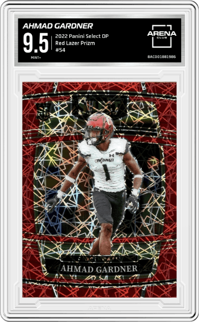 Ahmad Gardner from the 2022 Panini Select Draft Picks set featuring a Red Lazer Prizm parallel graded by Arena Club and given an overall grade of 9.5.