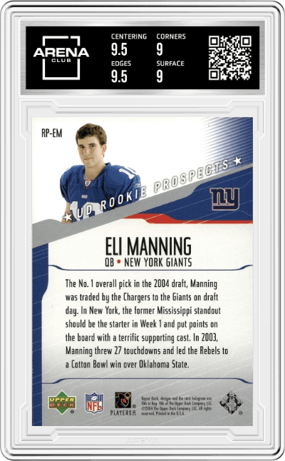 Eli Manning from the 2004 Upper Deck set graded by Arena Club and given an overall grade of 9.5.