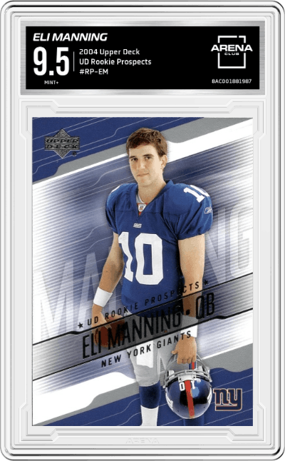 Eli Manning from the 2004 Upper Deck set graded by Arena Club and given an overall grade of 9.5.