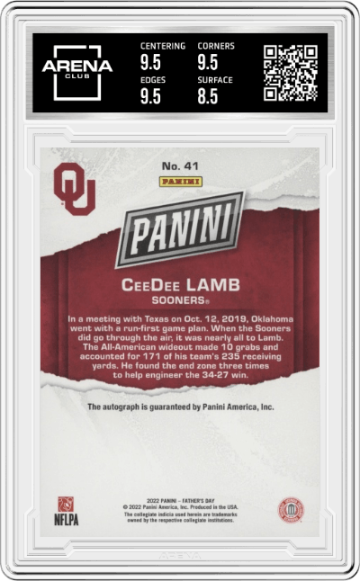 CeeDee Lamb from the 2022 Panini Father’s Day set featuring a Base Auto parallel graded by Arena Club and given an overall grade of 9.