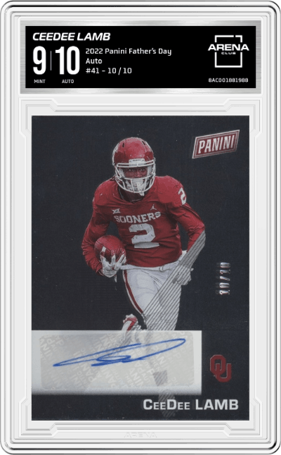 CeeDee Lamb from the 2022 Panini Father’s Day set featuring a Base Auto parallel graded by Arena Club and given an overall grade of 9.