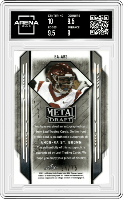Amon-Ra St. Brown from the 2021 Leaf Metal Draft set featuring a Silver Wave parallel graded by Arena Club and given an overall grade of 9.5.
