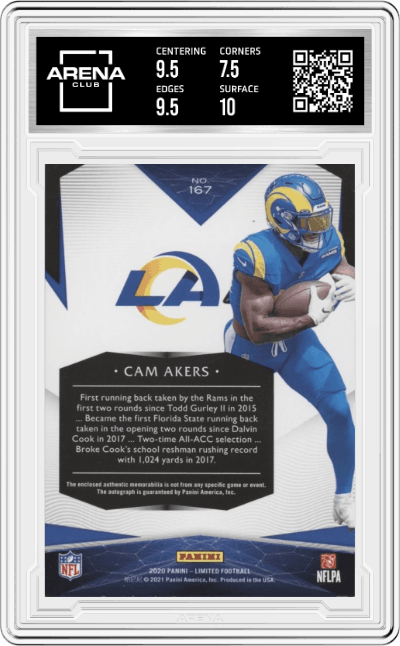 Cam Akers from the 2020 Panini Limited set graded by Arena Club and given an overall grade of 8.