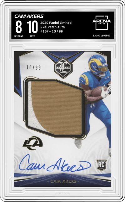 Cam Akers from the 2020 Panini Limited set graded by Arena Club and given an overall grade of 8.
