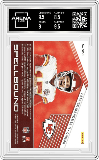 Patrick Mahomes II from the 2019 Panini Donruss Elite set featuring a Green parallel graded by Arena Club and given an overall grade of 9.