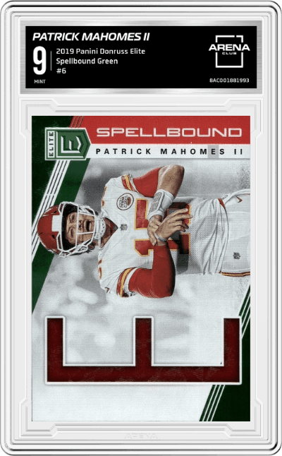 Patrick Mahomes II from the 2019 Panini Donruss Elite set featuring a Green parallel graded by Arena Club and given an overall grade of 9.
