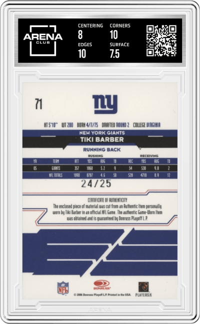 Tiki Barber from the 2006 Leaf Rookies & Stars Longevity set graded by Arena Club and given an overall grade of 8.