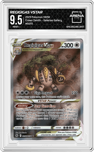 Regigigas VSTAR from the 2023 Pokemon SWSH set graded by Arena Club and given an overall grade of 9.5.