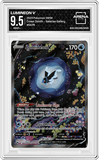 Lumineon V from the 2023 Pokemon SWSH set graded by Arena Club and given an overall grade of 9.5.