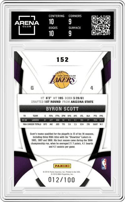 Byron Scott from the 2009-10 Panini Certified set featuring a Mirror parallel graded by Arena Club and given an overall grade of 9.5.