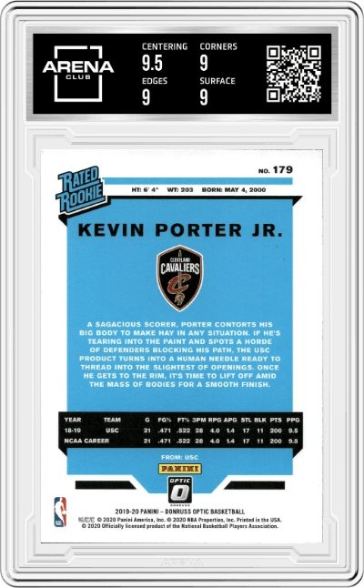 Kevin Porter Jr. from the 2019-20 Panini Donruss Optic set graded by Arena Club and given an overall grade of 9.