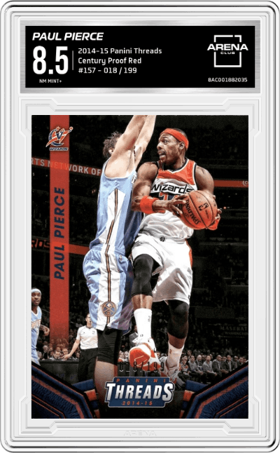 Paul Pierce from the 2014-15 Panini Threads set featuring a Century Proof Red parallel graded by Arena Club and given an overall grade of 8.5.