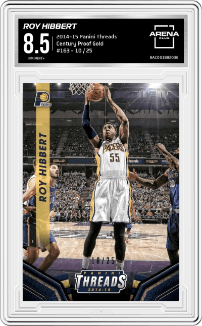 Roy Hibbert from the 2014-15 Panini Threads set featuring a Century Proof Gold parallel graded by Arena Club and given an overall grade of 8.5.