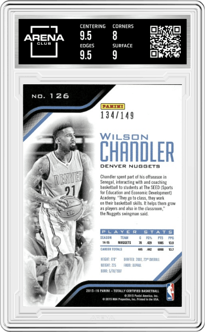 Wilson Chandler from the 2015-16 Panini Totally Certified set featuring a Mirror Red parallel graded by Arena Club and given an overall grade of 8.5.