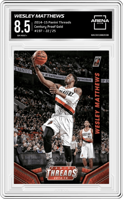 Wesley Matthews from the 2014-15 Panini Threads set featuring a Century Proof Gold parallel graded by Arena Club and given an overall grade of 8.5.