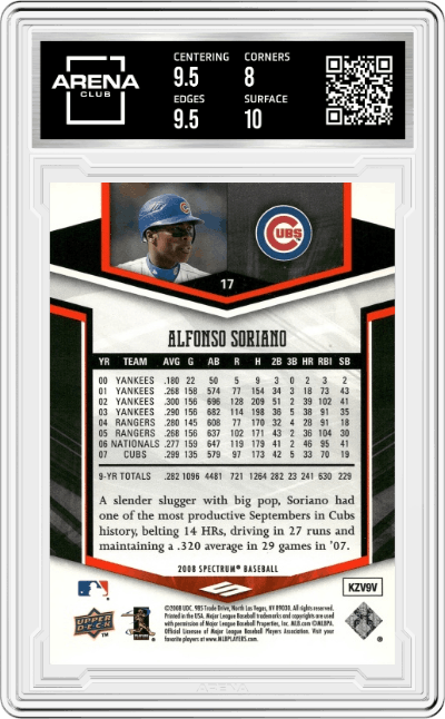 Alfonso Soriano from the 2008 UD Spectrum set featuring a Orange parallel graded by Arena Club and given an overall grade of 8.5.
