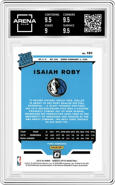 Isaiah Roby from the 2019-20 Panini Donruss Optic set graded by Arena Club and given an overall grade of 9.5.